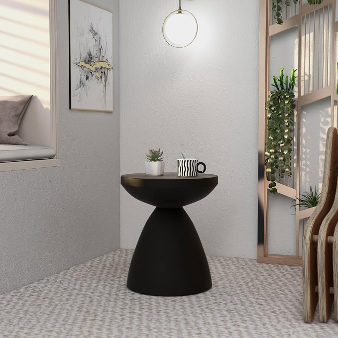 LeisureMod Modern Side Table Lightweight Fiberstone Top 20" Round Accent Table and Hourglass Pedestal Base for Outdoor or Indoor Dune Series in Black