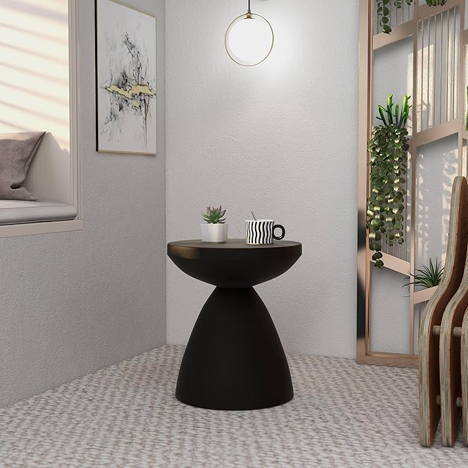 LeisureMod Modern Side Table with Fiberstone Top 20” Round Accent Table and Hourglass Pedestal Base for Outdoor or Indoor Dune Series in Black