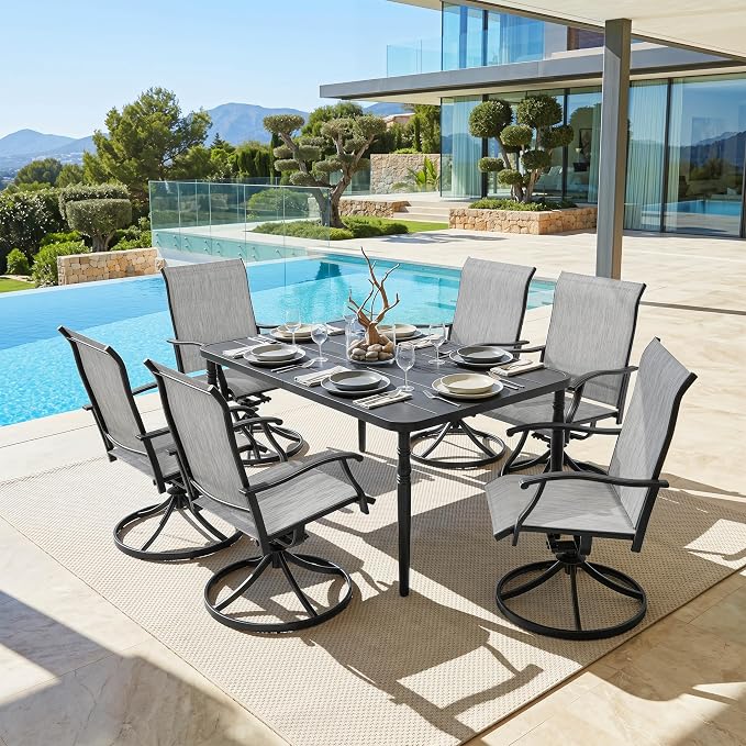 NUU GARDEN 7 Piece Patio Dining Set for 6 with Swivel Chairs | 61" x 37" table with umbrella hole and 6 breathable Textilene swivel chairs featuring ergonomic high backs.