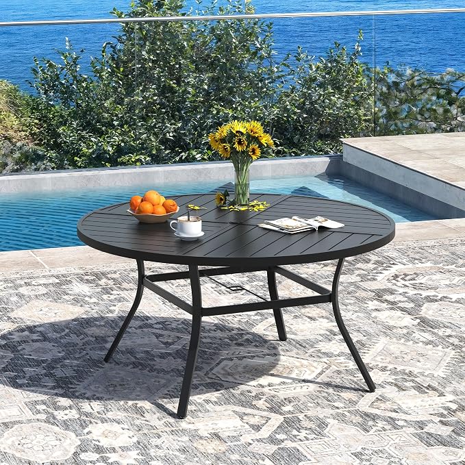 DIFY 7 Pieces Outdoor Dining Set, Metal Patio Table and Chairs Set for 6 with Umbrella Hole, 50" Black Round Table and Blue Textilene Swivel Patio Chairs for Garden, Backyard, Poolside