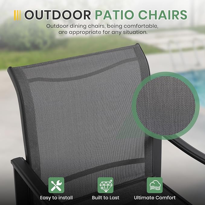 LVUYOYO 5-Piece Outdoor Patio Dining Set, Textilene Dining Chairs & Round Table Set, All-Weather Table and Chairs Set with Umbrella Hole for Backyard, Garden,Balcony,Porch (Gray)