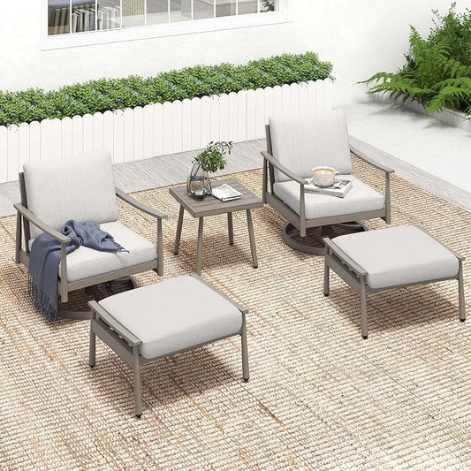 HAPPATIO Aluminum Outdoor Furniture Set - 5 Pieces Patio Furniture Set Includes 1 Side Table, 2 Swivel Chairs and 2 Ottomans with Thick Cushion, Patio Conversation Set for Backyard Poolside (Grey)