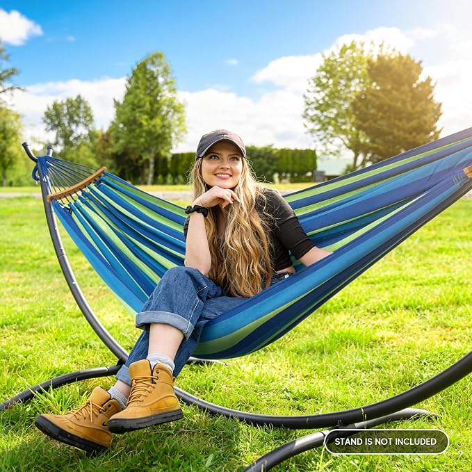 SUNCREAT Hammocks Outdoor Camping Double Hammock with Spreader Bar, Carrying Bag, Blue & Green