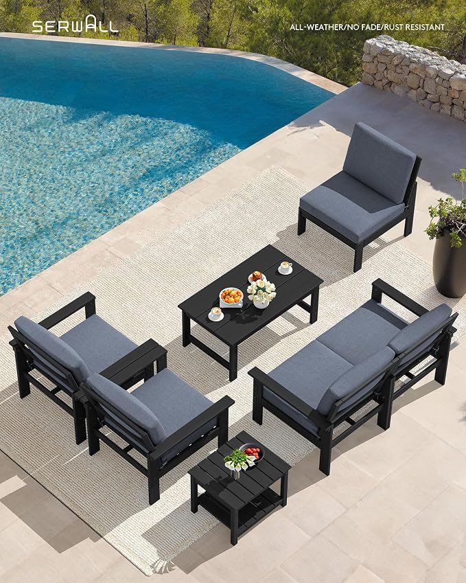 SERWALL HDPE Outdoor Patio Furniture Set | with Coffee Table & Side Table