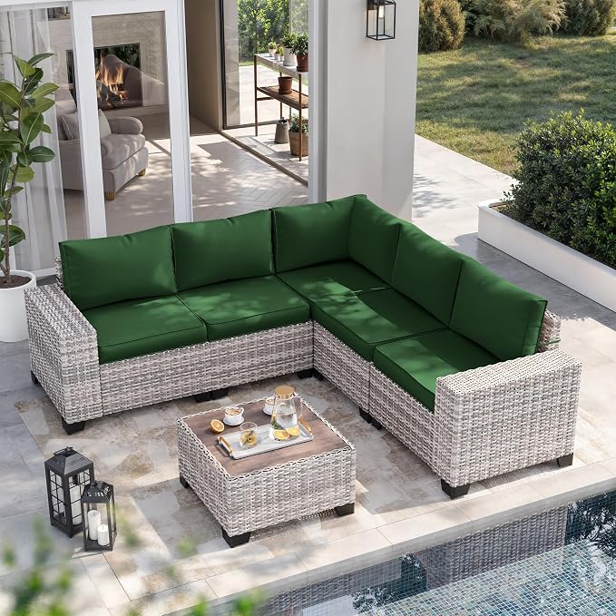 6-Piece Outdoor Patio Furniture Set Wicker Sectional Sofa Set, Patio Conversation Set with Thickened Cushions & Chunky Arms Coffee Table for Garden, Backyard, Poolside, Green