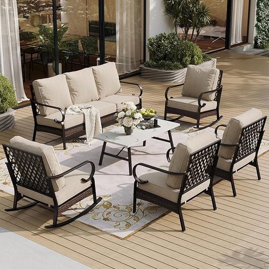 SUNSHINE VALLEY 6 Piece Metal Outdoor Patio Furniture Set, Patio Conversation Set 1 3-Seater Sofa, 2 Fixed Sofa, 2 Rocking Sofa with 5.75" Thick Cushion & Coffee Table Black Backyard Furniture, Beige