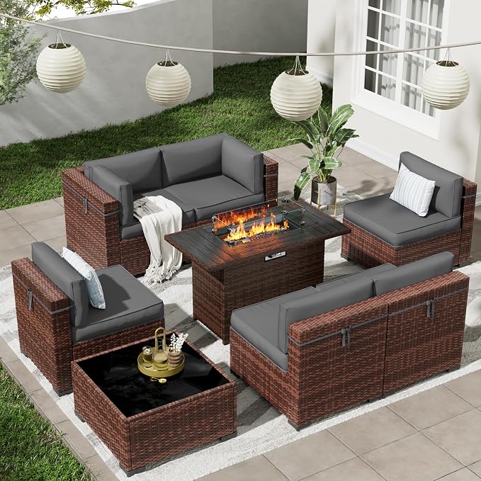 Patio Furniture Set with 44'' Propane Gas Firepit Table, 8 PCS Modular Outdoor Sectional Conversation Sets, All-Weather Wicker Patio Set for Backyard, Grey (Waterproof Covers Included)