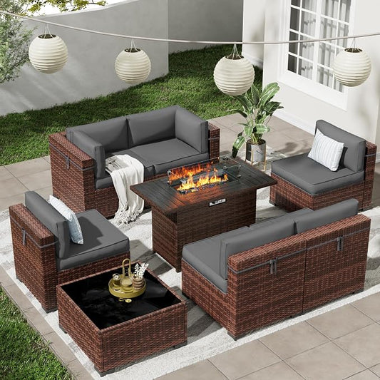 Patio Furniture Set with 44'' Propane Gas Firepit Table, 8 PCS Modular Outdoor Sectional Conversation Sets, All-Weather Wicker Patio Set for Backyard, Grey (Waterproof Covers Included)