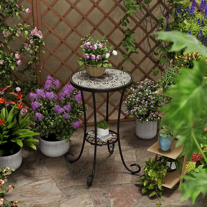 Christopher Knight Home Glady Outdoor Round Side Table, Patio Bistro Table with Ceramic Top and Metal Frame, Small Decorative Accent Table for Patio Garden Porch Balcony, Bohemia