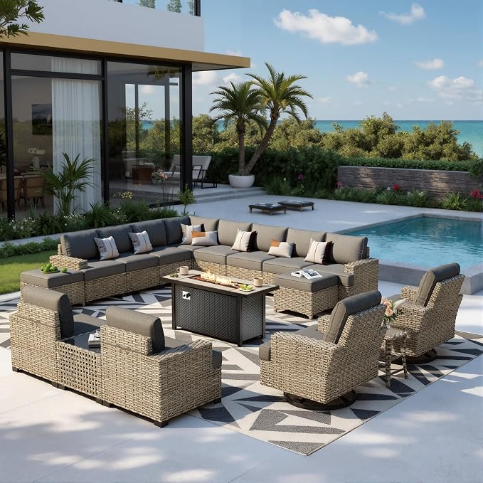 HOOOWOOO Sectional Patio Furniture Set with Fire Pit Table,17 Pieces Wicker Outdoor Furniture L Shaped Couch,Outside Conversation Set Extra Deep Sofa Wide Arm Swivel Chairs Ottoman Solar Light,Black