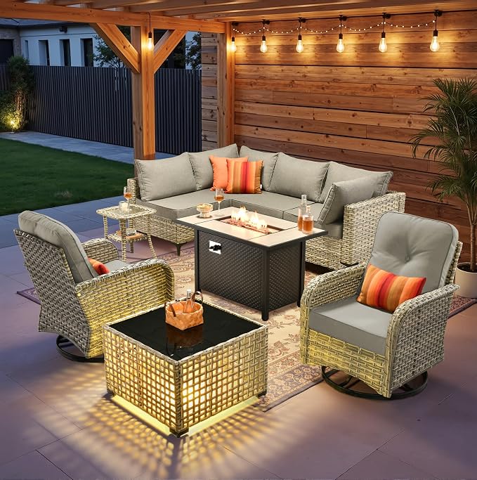 9 Pieces Patio Sectional Furniture Set, Outdoor Wicker Sectional Couch with Firepit Swivel Rocker Chairs Solar Lights Table, Modern Conversation Set for Porch Balcony Backyard, Dark Gray