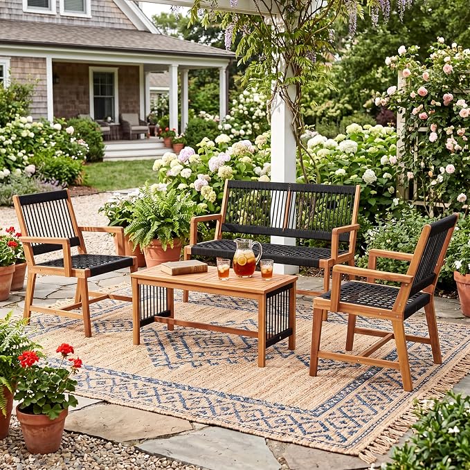 HAPPYGRILL 4 Pieces Patio Furniture Set Acacia Wood Conversation Set with Hand-Woven Rope Design, Ergonomic Loveseat & Single Chairs, Wooden Chair & Table Set for Porch Yard Poolside