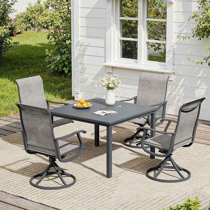 VICLLAX 5 Pieces Patio Dining Set, Patio Furniture Set of 4 Patio Swivel Dining Chairs and Square Patio Table, Grey Chairs & Dark Grey Tabletop