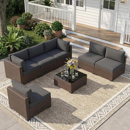 LOUVIXA 7 Piece Outdoor Patio Furniture Set, Outdoor Sectional Sofa, Wicker Rattan Patio Furniture, Patio Conversation Set with Coffee Table & Cushions