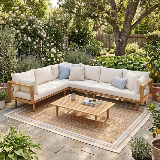 Christopher Knight Home Flynn Acacia Wood Patio Furniture Set, 6-Seater L-Shaped Sectional Sofa Set and Small Coffee Table, Outdoor Conversation Set for Backyard Poolside Balcony, Natural+Beige