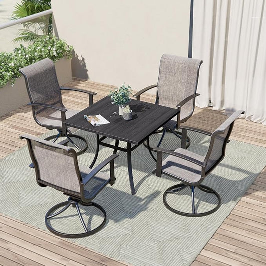Grand patio Patio Dining Set for 4, Outdoor Dining Set with 4-Piece Mesh Sling Swivel Patio Rocking Chairs, 1-Piece Square Woodgrain Dining Table with 1.5'' Umbrella Hole, Mixed Coffee