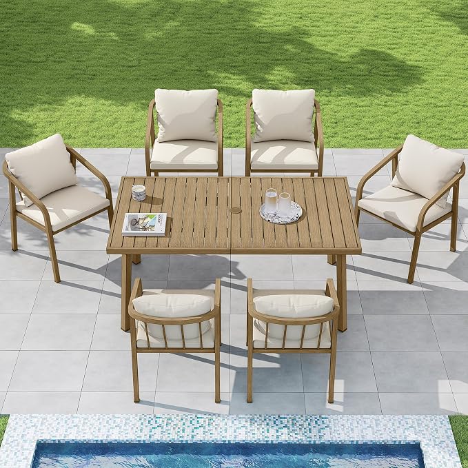 63"x35" Never-Rust Aluminum Outdoor Dining Table – Rectangular Patio Table for 6 with Umbrella Hole, Heavy Duty All-Weather for Poolside, Garden, Backyard, Porch, Deck, Teak