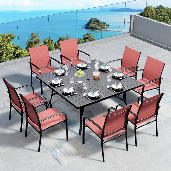 SUNSHINE VALLEY Patio Dining Set for 8, 57.5" x 57.5" Square Metal Table with Umbrella Hole, 8 x Stable Dining Chairs, Outdoor Table and Chairs Set for Lawn Backyard and Deck, Red