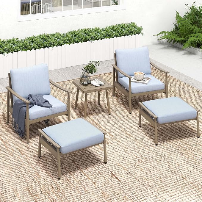 HAPPATIO Aluminum Outdoor Furniture Set - 5 Pieces Patio Furniture Set Includes 1 Side Table, 2 Armchairs and 2 Ottomans with Thick Cushion, Patio Conversation Set for Backyard Deck Poolside (Brown)