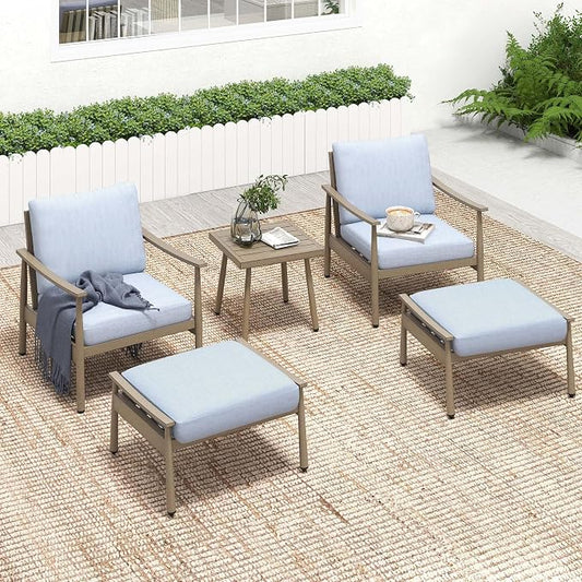 HAPPATIO Aluminum Outdoor Furniture Set - 5 Pieces Patio Furniture Set Includes 1 Side Table, 2 Armchairs and 2 Ottomans with Thick Cushion, Patio Conversation Set for Backyard Deck Poolside (Brown)