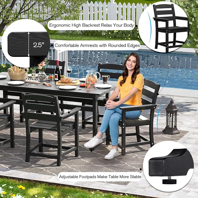 nalone 5-Piece Patio Dining Table Set, HDPE Outdoor Dining Sets with Table and 4 Chairs, Dining Furniture Set with Umbrella Hole (Black, 5 Pcs)