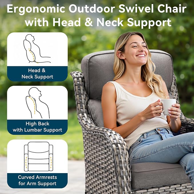 Luxury High Back Outdoor Furniture 6-Inch Thick Cushions with 50,000 BTU Gas Propane Fire Pit Tablet, Patio Furniture Set with Swivel Chairs, 6 PCS for Porch, Balcony, Deck and Yard