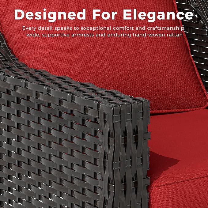 3 Pieces Patio Conversation Furniture Set - 1 Sofa, 2 Swivel Chairs, Outdoor Wicker Furniture with Removable Cushions for Porch, Balcony, Sunroom (Red)