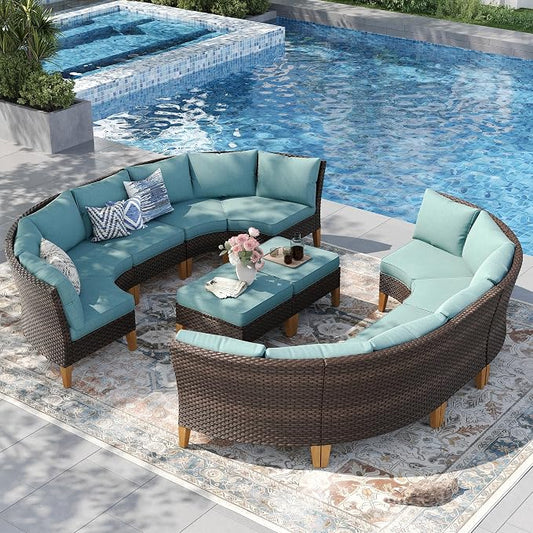 PHI VILLA 8-Piece Wicker Patio Furniture Set, Outdoor Half-Moon Curved Sectional Sofa with Cushions, 2 Ottomans, Large Conversation Seating for Garden or Backyard, Aqua Blue