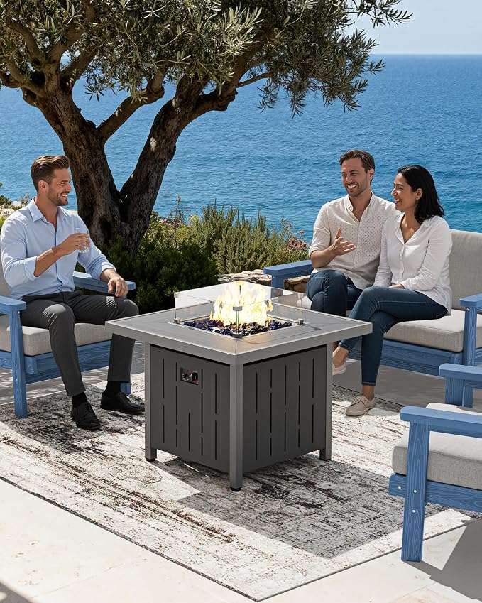 SERWALL Patio Furniture Set with 33” Fire Pit Table, HDPE Outdoor Sectional Sofa Set with Thickened Cushions, Black Frame with Grey Cushions