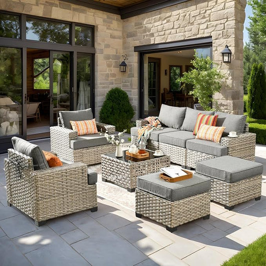8 Pcs Outdoor Sectional Patio Furniture Set with Ottomans - All Weather Wicker Modular Outside Sectional Couch,Patio Seating Outdoor Conversation Sets for Deck Yard Garden,Dark Grey