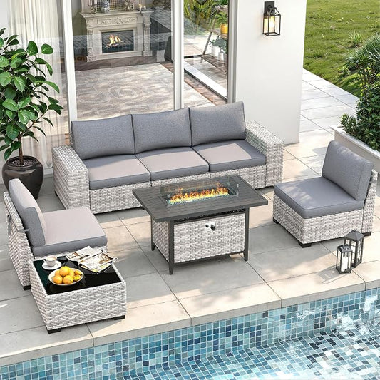 7 Piece Outdoor Wicker Sectional Sofa Set with Fire Pit Table, 5-Seats Conversation Set with 4" Thickened Cushions & Coffee Table, All-Weather PE Rattan for Garden, Backyard, Porch, Gray
