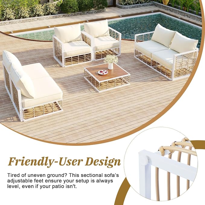Modern Minimalist 7-Piece Metal Patio Sectional Sofa Set, All-Weather Garden Conversational Furniture Set with Thick Cushions and Coffee Table for Indoor Outdoor (White#26)