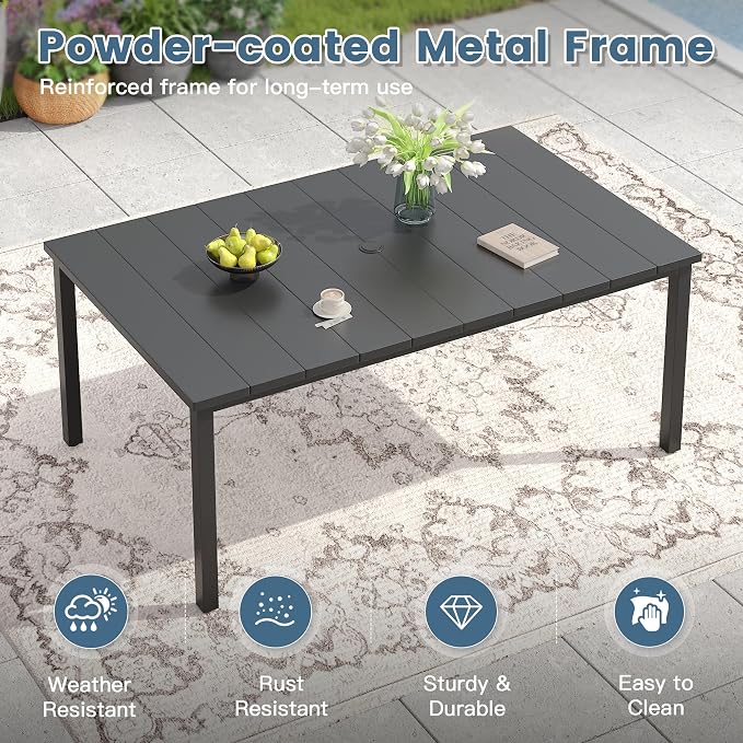DIFY 7 Piece Outdoor Patio Dining Set for 6, 63" Black Rectangle Metal Dining Table and Swivel Patio Chairs with Brown Padded Textilene, All-Weather Outdoor Furniture Set for Garden Backyard Porch