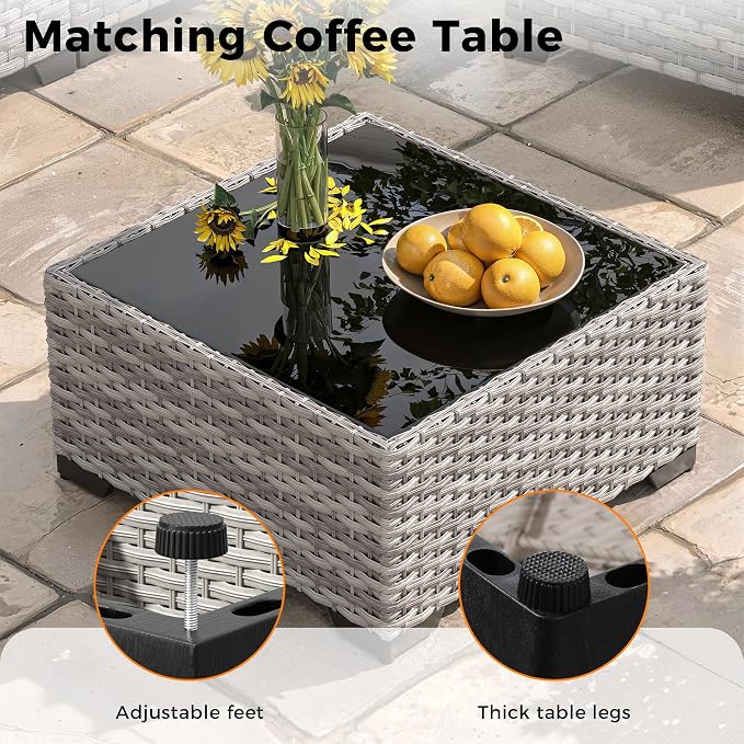 12-Seat Modern Outdoor Wicker Rattan Patio Furniture Set with 55,000 BTU Fire Pit Table, Thick 4″ Cushions, All-Weather Dual-Strand Rattan, Rust-Resistant Steel Frame,Gray