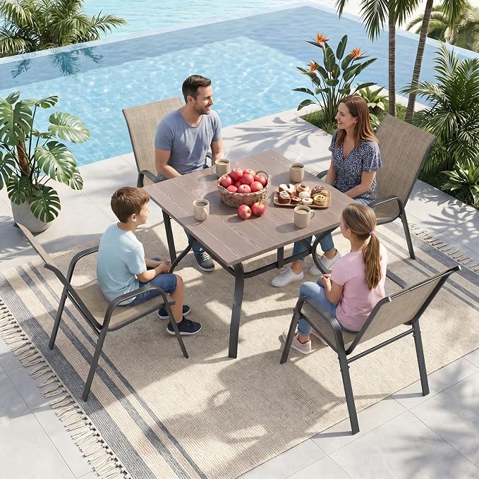 37.8'' Outdoor Dining Table for 4, Black Metal Patio Dining Table with 1.97'' Umbrella Hole,Anti-Rust Waterproof Square Table for Porch Deck Poolside Garden Backyard
