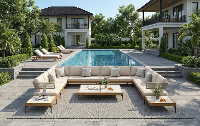 PURPLE LEAF 10 Pieces Outdoor Conversation Furniture Sets with Coffee Tables Patio Wicker Sectional Sets Aluminum U-Shaped Sofa Chairs for Balcony Yard Garden Poolside, Cushions and Pillows Included