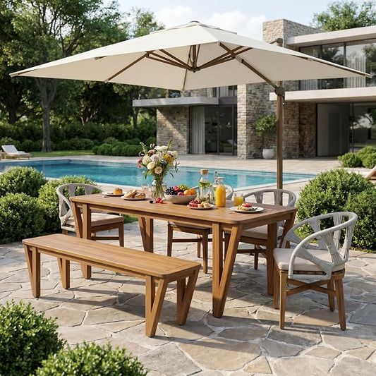 Christopher Knight Home para Acacia Wood Patio Dining Set with Bench, Solid Wood Outdoor Dining Table Set for 6, Outdoor Dining Set with Water-Resistant Cushion, Teak+Beige+Grey