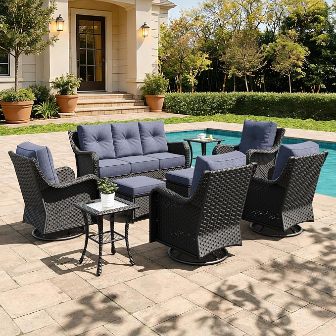 9 Pieces Outdoor Furniture Set with 6-inch Cushions, High Back Wicker Swivel Rocker Chairs with Coffee Table, Luxury Conversation Set for Deck Patio and Poolside