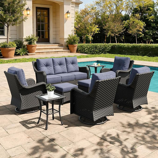 9 Pieces Outdoor Furniture Set with 6-inch Cushions, High Back Wicker Swivel Rocker Chairs with Coffee Table, Luxury Conversation Set for Deck Patio and Poolside