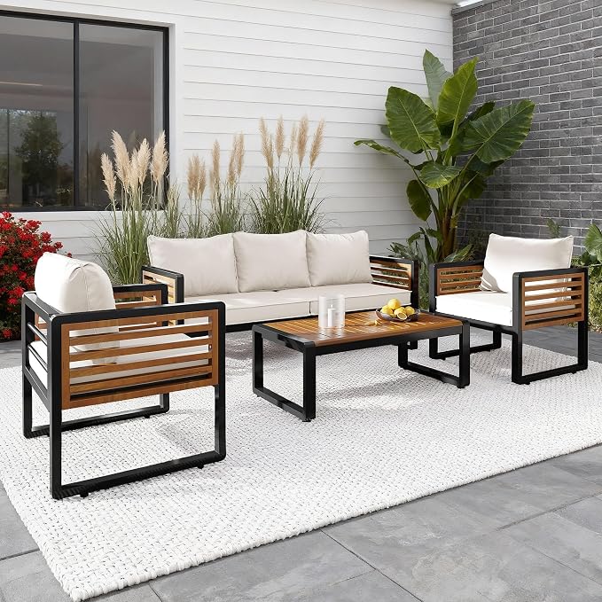 ERYE Large Size 4-Pieces Patio Conversation Set Modern Outdoor Furniture Sofa for 5 Person, Garden Furniture Set with Removable Cushion, Metal Frame and Acacia Wood Tabletop