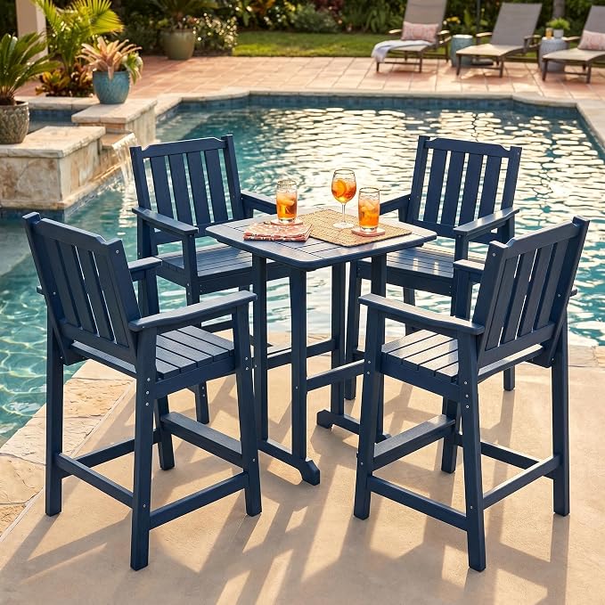 Takywep Set of 4 HDPE Wood Grain Outdoor Bar Stools, 27.7" High Counter Height Chairs with Armrests and Back, Weatherproof Pub Seating for Patio, Balcony, Garden, Deck, Backyard, Navy Blue