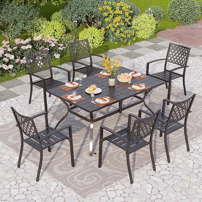 PHI VILLA Patio Dining Set for 6, Stackable Chairs& Rectangular Table | 60" Rectangular Metal Table& Stackable Black Wrought Iron Chairs,Large Outside Furniture for Patio,Deck,Backyard,Porch