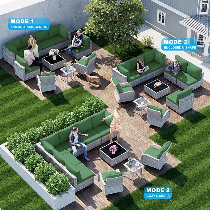 10-Piece Patio Furniture Set, Outdoor Patio Furniture with Swivel Chairs Set, Thick Cushions, Modular Patio Sofa, Dual-Strand Wicker Rattan, Rust-Resistant Frame, Dark Green