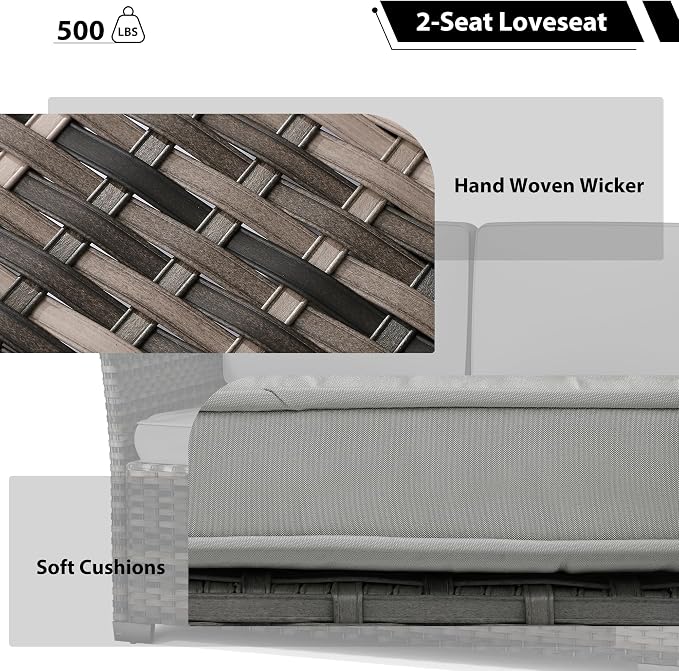 KIGOTY 7 Piece Patio Furniture Set, Outdoor PE Wicker Rattan Outdoor Dining Set, Patio Table and Chairs Set, Patio Conversation Sofa Set with Dining Table and Ottoman (Beige Black-Light Grey)