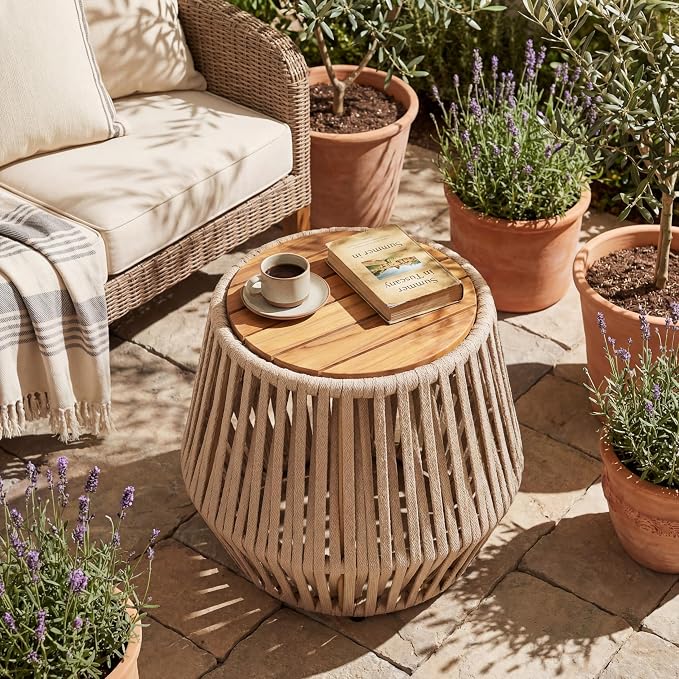Outdoor Side End Table for Patio with Rope and Acacia Wood, Small Round Patio Table, Outside Boho Accent Table for Backyard Balcony Gazebo Party, Beige