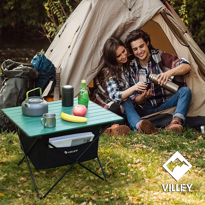 VILLEY Portable Camping Side Table, Ultralight Aluminum Folding Beach Table with Carry Bag and Under-Table Storage Hammock for Outdoor Cooking, Picnic, Camp, Boat, Travel, Large