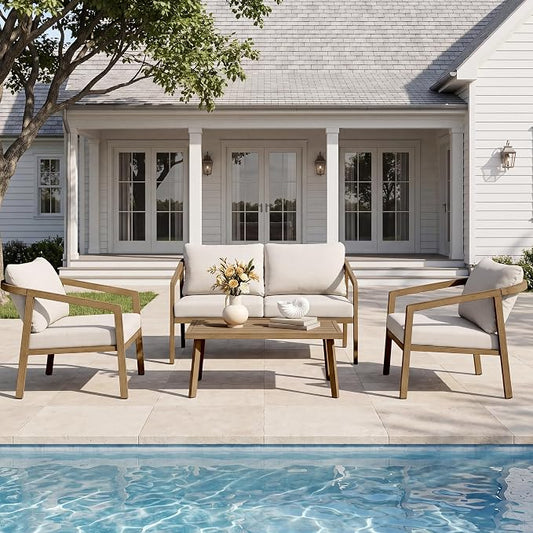 4-Piece Patio Sofa Set, Never-Rust Aluminum Patio Furniture with Thick Removable Cushions, Outdoor Conversation Set with 2 Armchairs, Loveseat & Table for Garden Deck Pool Poolside (Brown)