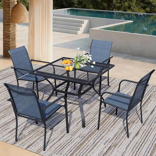 5 Piece Outdoor Dining Set, Patio Table and Chairs Set of 4, 37.5" Black Square Patio Table with 4 Blue Stackable Patio Chairs for Lawn, Garden, Porch