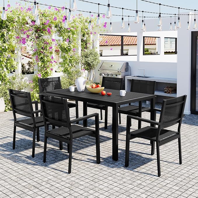 U-Style Steel Outdoor Table and Chair Set, 7 Piece Patio Dining Set for 6, Rectangular Balcony Table and Chairs, Suitable for Patio, Courtyard, Garden (Black)