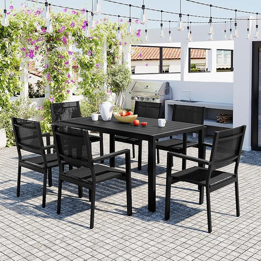 RuiSiSi 7 Pieces Outdoor Dining Table Set for 6, Steel Patio Dining Table and 6 Textilene Chairs for Yard, Garden, Porch and Poolside (Black)
